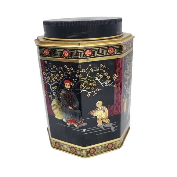 Vintage Oriental ASIAN GEISHA Style Tea Tin Storage Container Octagonal - Picture 4 of 14